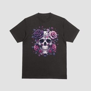 Skull and Roses Customized DTF T-Shirt. 100% Cotton